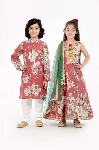 Gold embroidered linen lehenga choli & kurta pant brother sister matching combo
