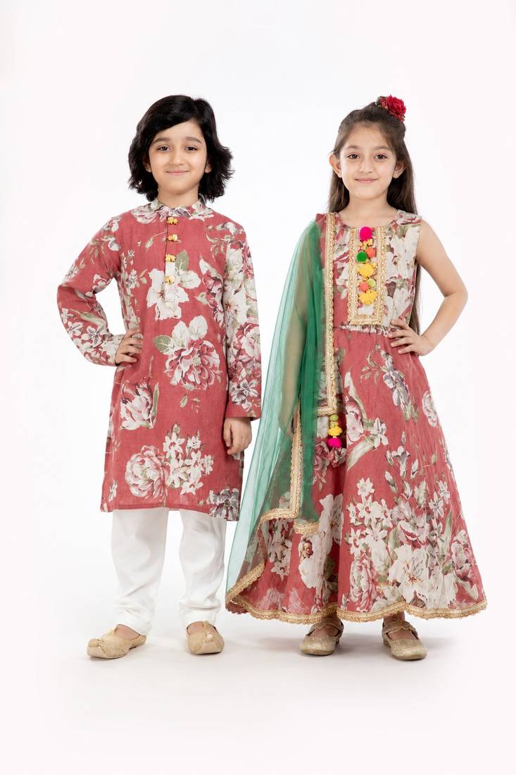 Gold embroidered linen lehenga choli & kurta pant brother sister matching combo