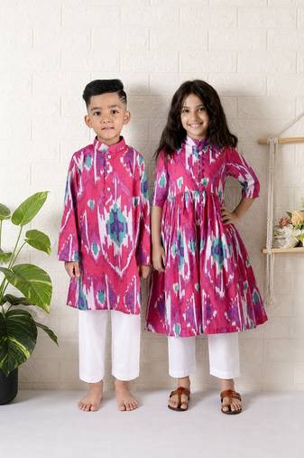 Pink ikat cotton kurta set & kurta pant brother sister matching combo
