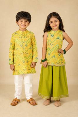 Yellow embroidered blended cotton palazzo set & kurta pyjama brother sister matching combo 1