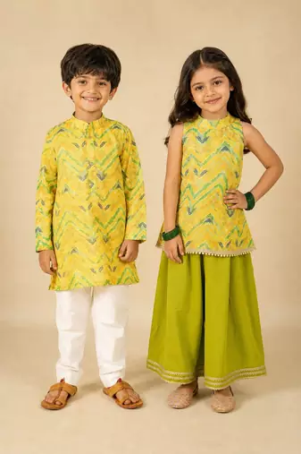 Yellow embroidered blended cotton palazzo set & kurta pyjama brother sister matching combo