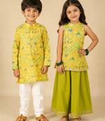 Yellow embroidered blended cotton palazzo set & kurta pyjama brother sister matching combo