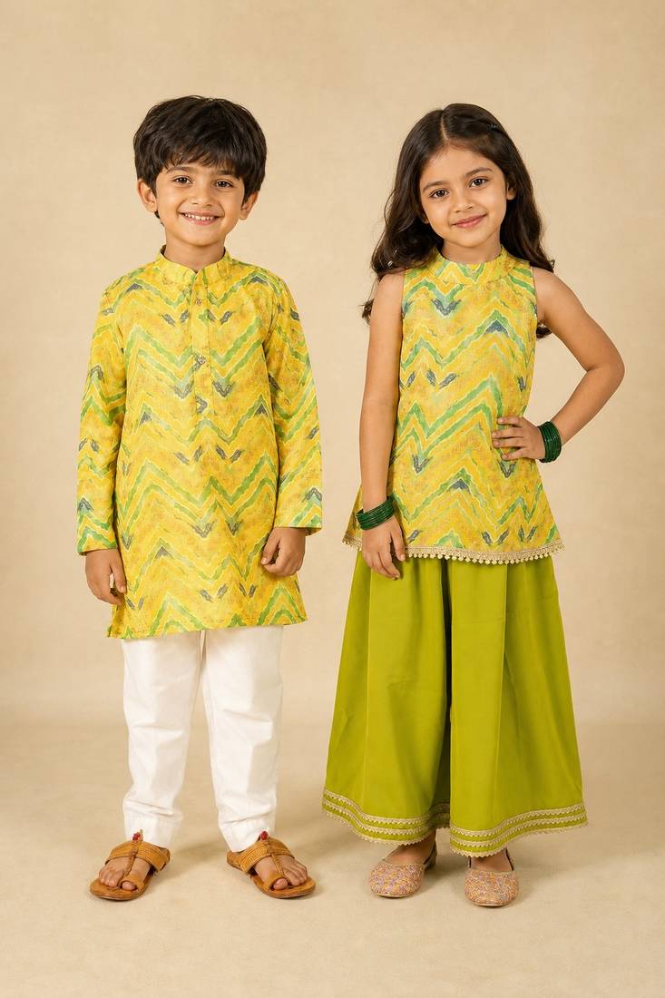 Yellow embroidered blended cotton palazzo set & kurta pyjama brother sister matching combo