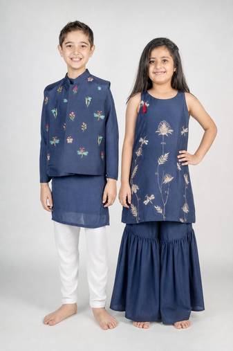 Blue embroidered cotton kurta set & kurta jacket brother sister matching combo