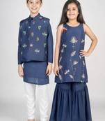 Blue embroidered cotton kurta set & kurta jacket brother sister matching combo