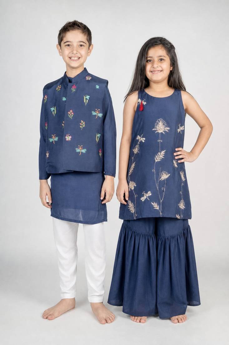 Blue embroidered cotton kurta set & kurta jacket brother sister matching combo