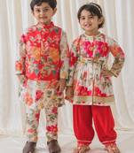 Cream printed cotton kurta salwar set & kurta jacket brother sister matching combo
