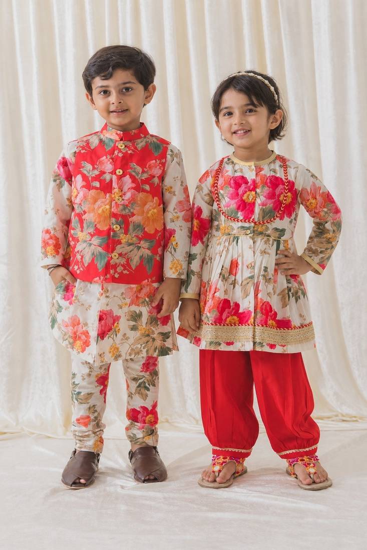 Cream printed cotton kurta salwar set & kurta jacket brother sister matching combo