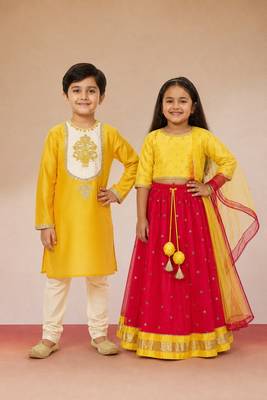 Red & yellow foil printed net lehenga choli & kurta pyjama brother sister matching combo 1