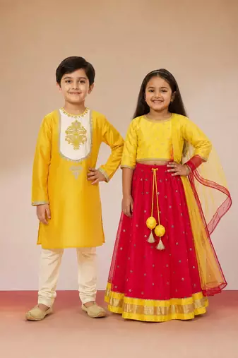 Red & yellow foil printed net lehenga choli & kurta pyjama brother sister matching combo