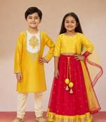 Red & yellow foil printed net lehenga choli & kurta pyjama brother sister matching combo