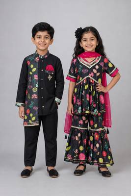Black printed cotton silk sharara set & kurta pyjama brother sister matching combo 1