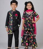 Black printed cotton silk sharara set & kurta pyjama brother sister matching combo