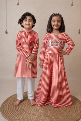 Red handwoven cotton sharara set & kurta pyjama brother sister matching combo 1