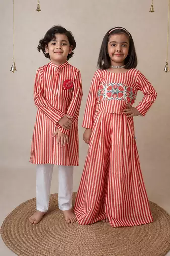 Red handwoven cotton sharara set & kurta pyjama brother sister matching combo