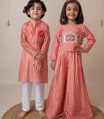 Red handwoven cotton sharara set & kurta pyjama brother sister matching combo