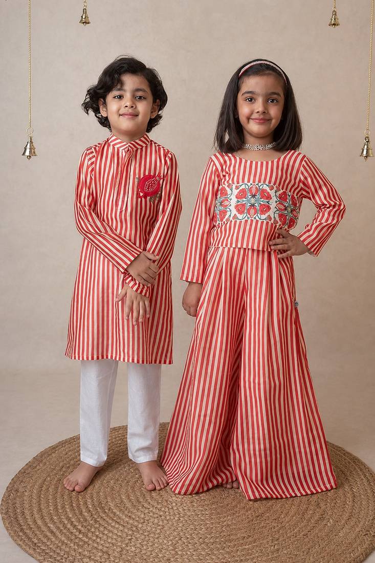 Red handwoven cotton sharara set & kurta pyjama brother sister matching combo