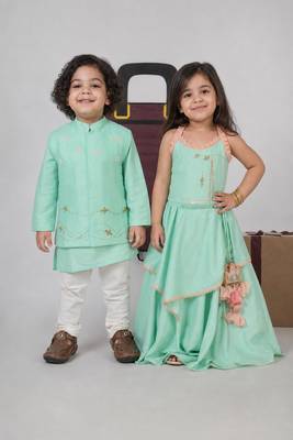Mint green embroidered cotton lehenga choli & kurta jacket brother sister matching combo 1