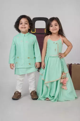 Mint green embroidered cotton lehenga choli & kurta jacket brother sister matching combo