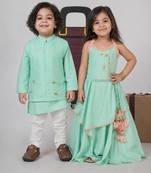 Mint green embroidered cotton lehenga choli & kurta jacket brother sister matching combo