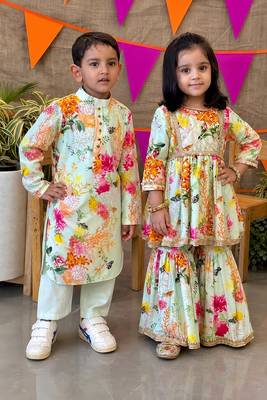 Multicolor printed chanderi sharara set & kurta pant brother sister matching combo 1