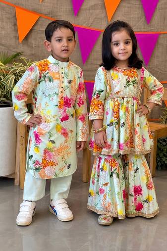 Multicolor printed chanderi sharara set & kurta pant brother sister matching combo