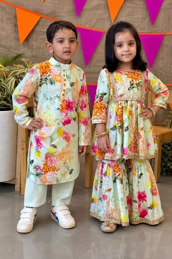 Multicolor printed chanderi sharara set & kurta pant brother sister matching combo