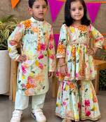 Multicolor printed chanderi sharara set & kurta pant brother sister matching combo