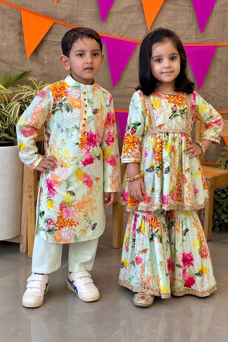 Multicolor printed chanderi sharara set & kurta pant brother sister matching combo