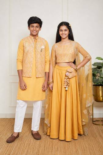 Yellow embroidered net indo western set & kurta jacket brother sister matching combo