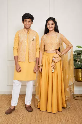 Yellow embroidered net indo western set & kurta jacket brother sister matching combo