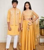 Yellow embroidered net indo western set & kurta jacket brother sister matching combo