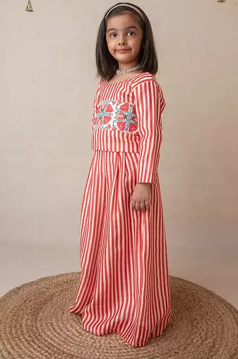 Red handwoven cotton sharara set & kurta pyjama brother sister matching combo