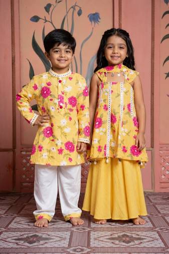 Yellow printed linen & chanderi kurta set & kurta pyjama brother sister matching combo
