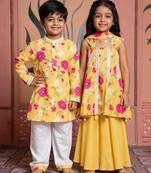Yellow printed linen & chanderi kurta set & kurta pyjama brother sister matching combo