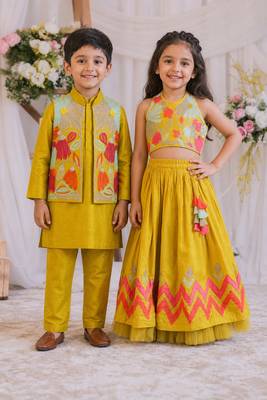 Mustard yellow embroidered silk lehenga choli & kurta jacket brother sister matching combo 1