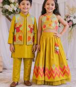 Mustard yellow embroidered silk lehenga choli & kurta jacket brother sister matching combo