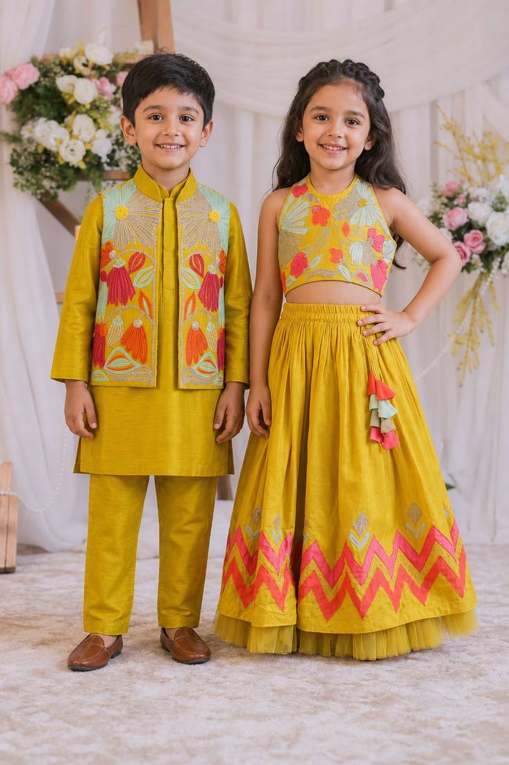Mustard yellow embroidered silk lehenga choli & kurta jacket brother sister matching combo