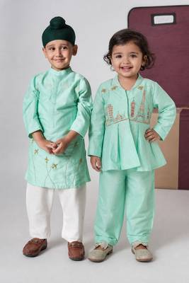 Mint green embroidered cotton co-ord set & kurta pyjama brother sister matching combo 1