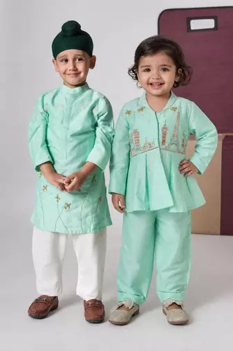 Mint green embroidered cotton co-ord set & kurta pyjama brother sister matching combo