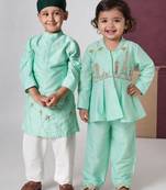 Mint green embroidered cotton co-ord set & kurta pyjama brother sister matching combo