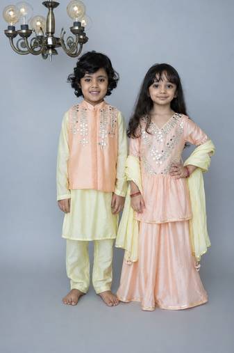 Red handwoven cotton sharara set & bandhgala brother sister matching combo