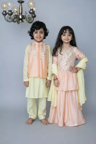 Red handwoven cotton sharara set & bandhgala brother sister matching combo