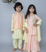 Red handwoven cotton sharara set & bandhgala brother sister matching combo