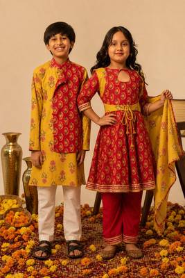 Crimson red & mustard yellow printed cotton anarkali set & kurta pant brother sister matching combo 1