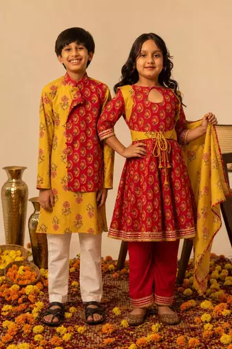 Crimson red & mustard yellow printed cotton anarkali set & kurta pant brother sister matching combo