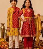 Crimson red & mustard yellow printed cotton anarkali set & kurta pant brother sister matching combo