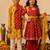 Crimson red & mustard yellow printed cotton anarkali set & kurta pant brother sister matching combo