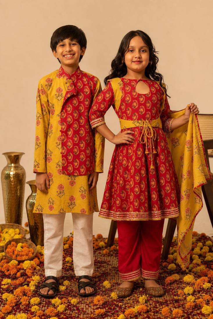 Crimson red & mustard yellow printed cotton anarkali set & kurta pant brother sister matching combo