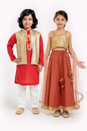 Gold sequinned linen skirt set & kurta jacket brother sister matching combo